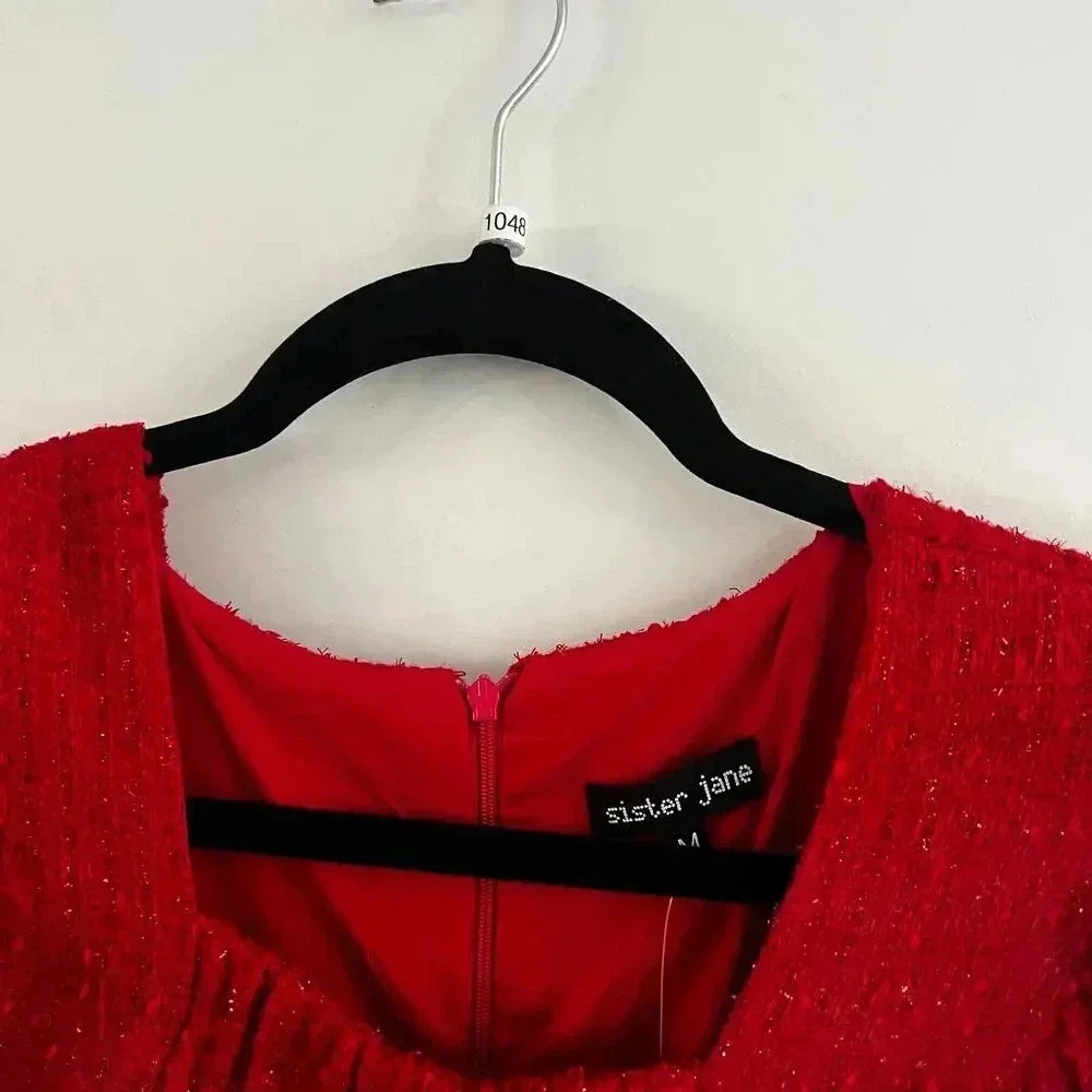 NWT Sister Jane Carina Red Tweed Mini Dress Size Medium Puff Sleeve Tiered - Picture 7 of 9